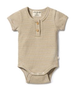 Organic Stripe Rib Henley Bodysuit Leaf